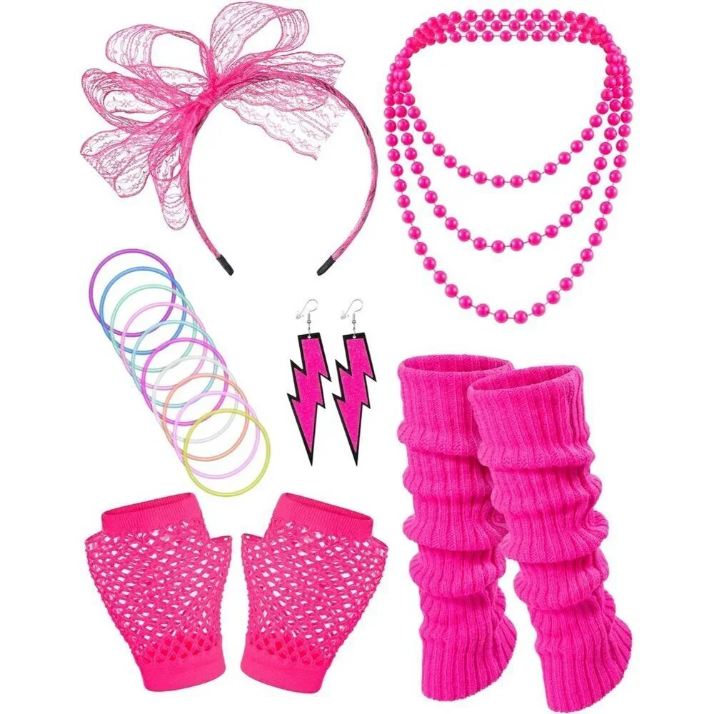 80s Fancy Dress Costume Accessories Set Women Neon Fishnet Gloves Leg Warmers